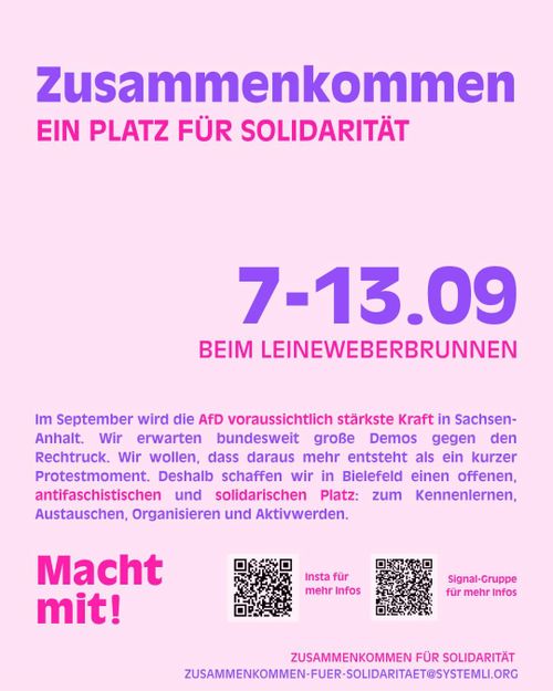Zusammenkommen
Ein Platz für Solidarität
7. bis 13.09.
beim Leineweberbrunnen